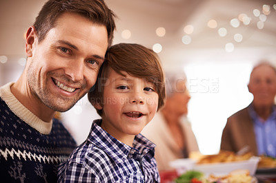 Buy stock photo Christmas, father and portrait of happy child in home with bokeh, bonding and family having fun together at festive celebration. Xmas, face and kid with dad on holiday for love or connection at party