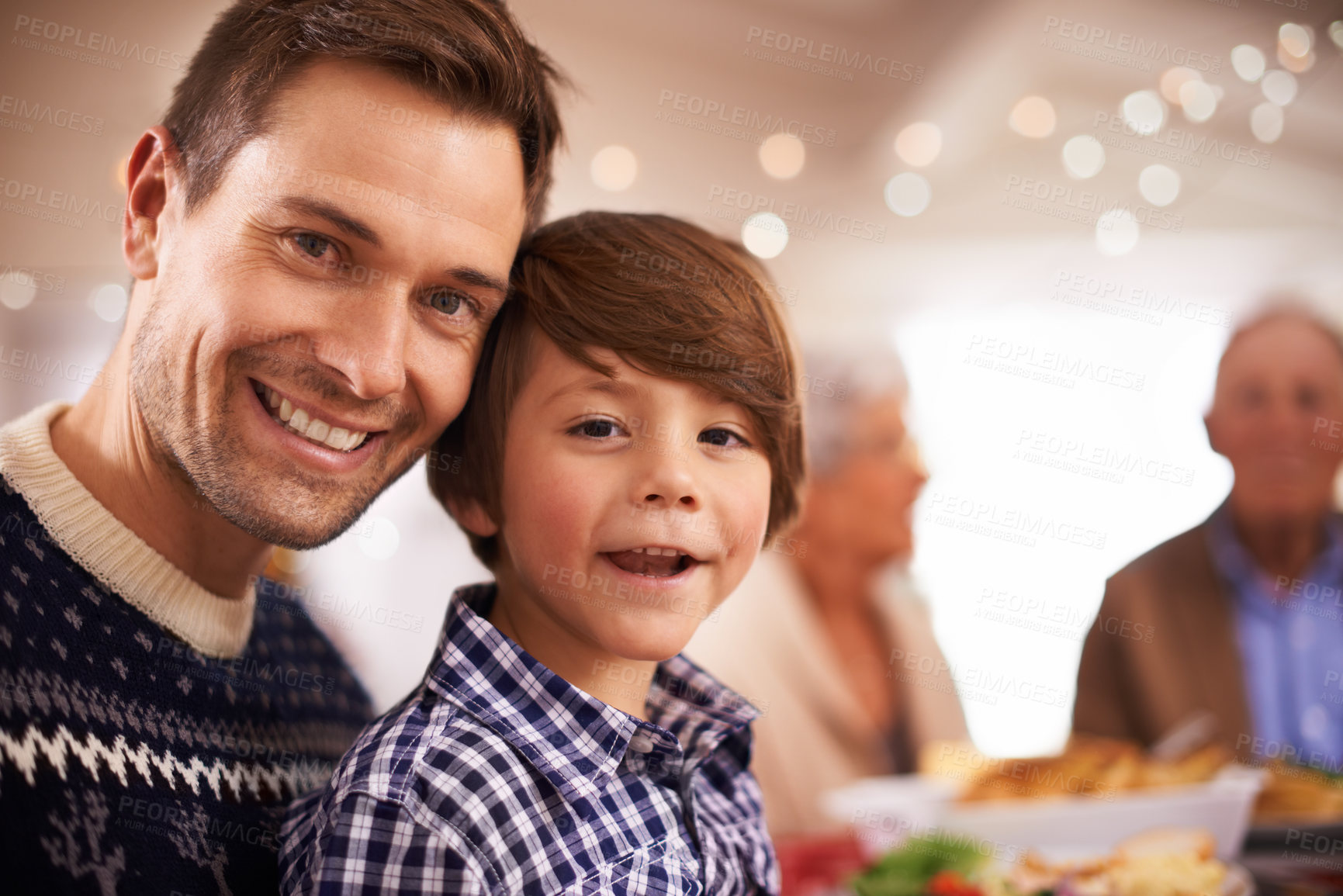 Buy stock photo Christmas, father and portrait of happy child in home with bokeh, bonding and family having fun together at festive celebration. Xmas, face and kid with dad on holiday for love or connection at party