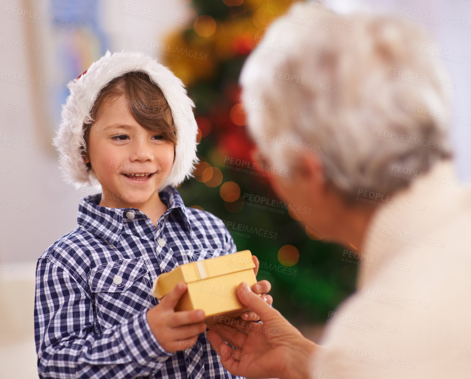 Buy stock photo Grandmother, happy kid and giving Christmas gift in home, love and care at party. Xmas, grandma and child with present at festive celebration, holiday and smile of family bonding together in house