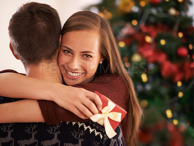 Buy stock photo Gift, hug and couple with portrait, Christmas and festive season with marriage and holiday. Love, embrace and man with woman and vacation with Xmas and celebration with relationship, home and present
