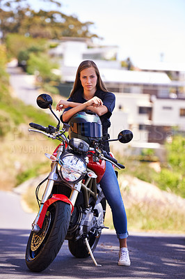 Buy stock photo Woman, portrait and motorcycle in city with helmet for road trip, travel or outdoor journey in nature. Extreme female person or biker in confidence for ride, transport or sightseeing in an urban town