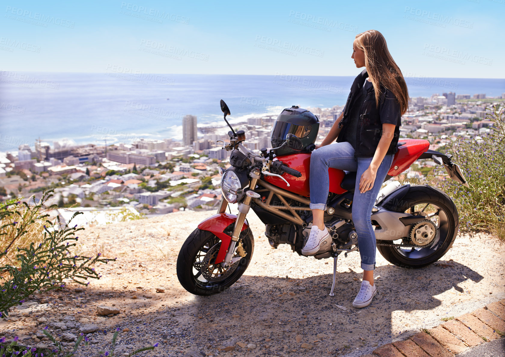 Buy stock photo Woman, motorcycle and relax on cliff in city for ride, road trip or outdoor sightseeing in nature. Extreme female person, biker or rider chilling on motorbike or vehicle for transport or natural view