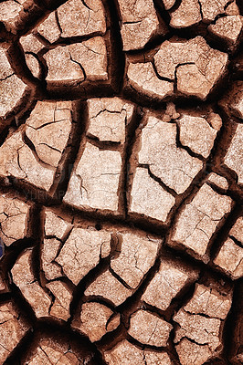 Buy stock photo Arid climate, desert and top view of dry ground, nature and landscape with drought, environment and land in Africa. Texture, pattern and cracked Earth with natural background, soil and terrain