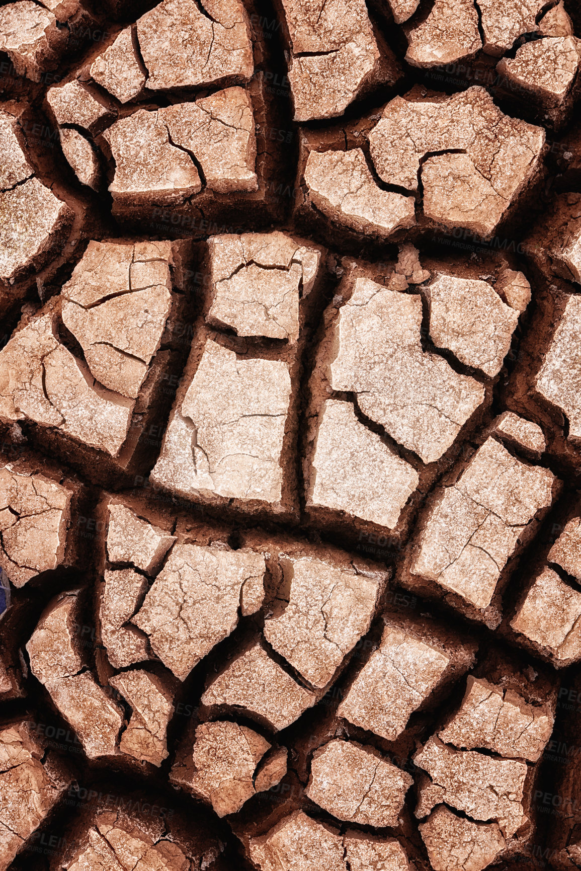 Buy stock photo Arid climate, desert and top view of dry ground, nature and landscape with drought, environment and land in Africa. Texture, pattern and cracked Earth with natural background, soil and terrain