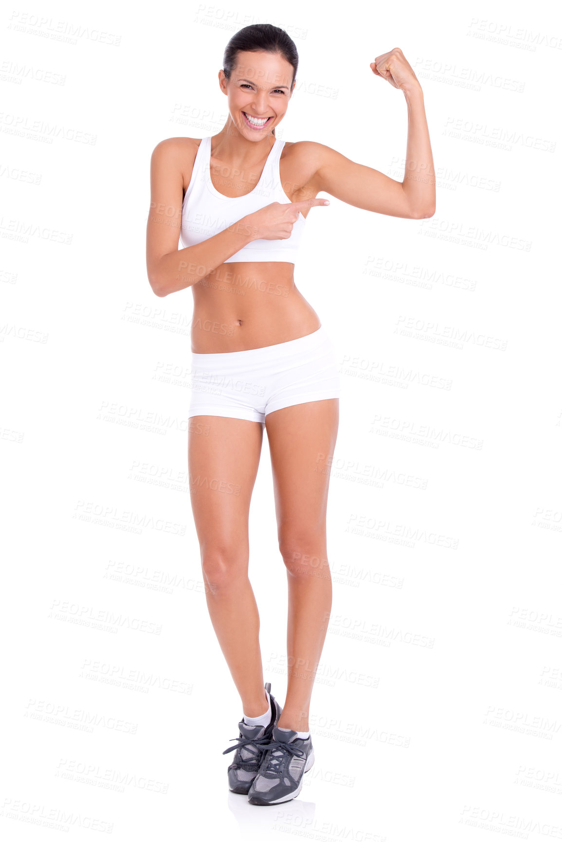 Buy stock photo Woman, smile and portrait, flex and sportswear for workout in studio, white background and backdrop. Girl, happiness and clothes for exercise and training as athlete, health and strong for body