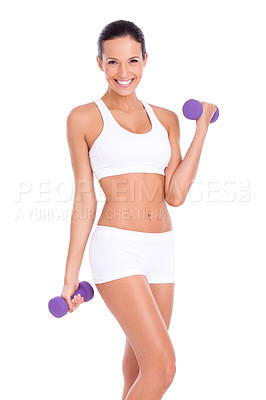 Buy stock photo Studio shot of an attractive  young woman lifting dumbbells isolated on white
