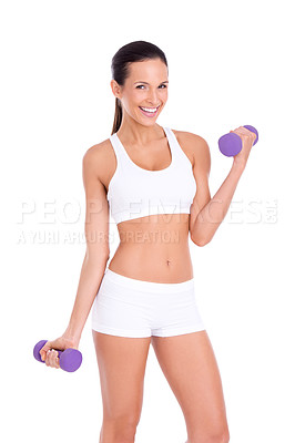 Buy stock photo Portrait, happy woman and dumbbells for workout, exercise or training in studio isolated on a white background. Fitness, smile and strong person weight lifting for muscle, wellness and body health