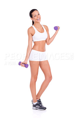 Buy stock photo Portrait, woman and dumbbells for fitness, exercise or training in studio isolated on a white background mockup space. Workout, strong and gym with person weight lifting for muscle, body and health