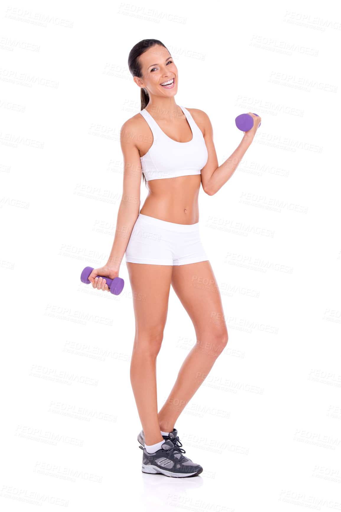 Buy stock photo Portrait, woman and dumbbells for fitness, exercise or training in studio isolated on a white background mockup space. Workout, strong and gym with person weight lifting for muscle, body and health
