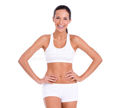 Buy stock photo Studio portrait of an attractive woman in exercise clothing isolated on white