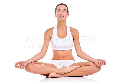 Buy stock photo Body, meditation and woman in underwear for fitness, spiritual health and wellness with zen in studio. Lotus, pose and girl in sportswear for self care, relax and mindfulness on white background.