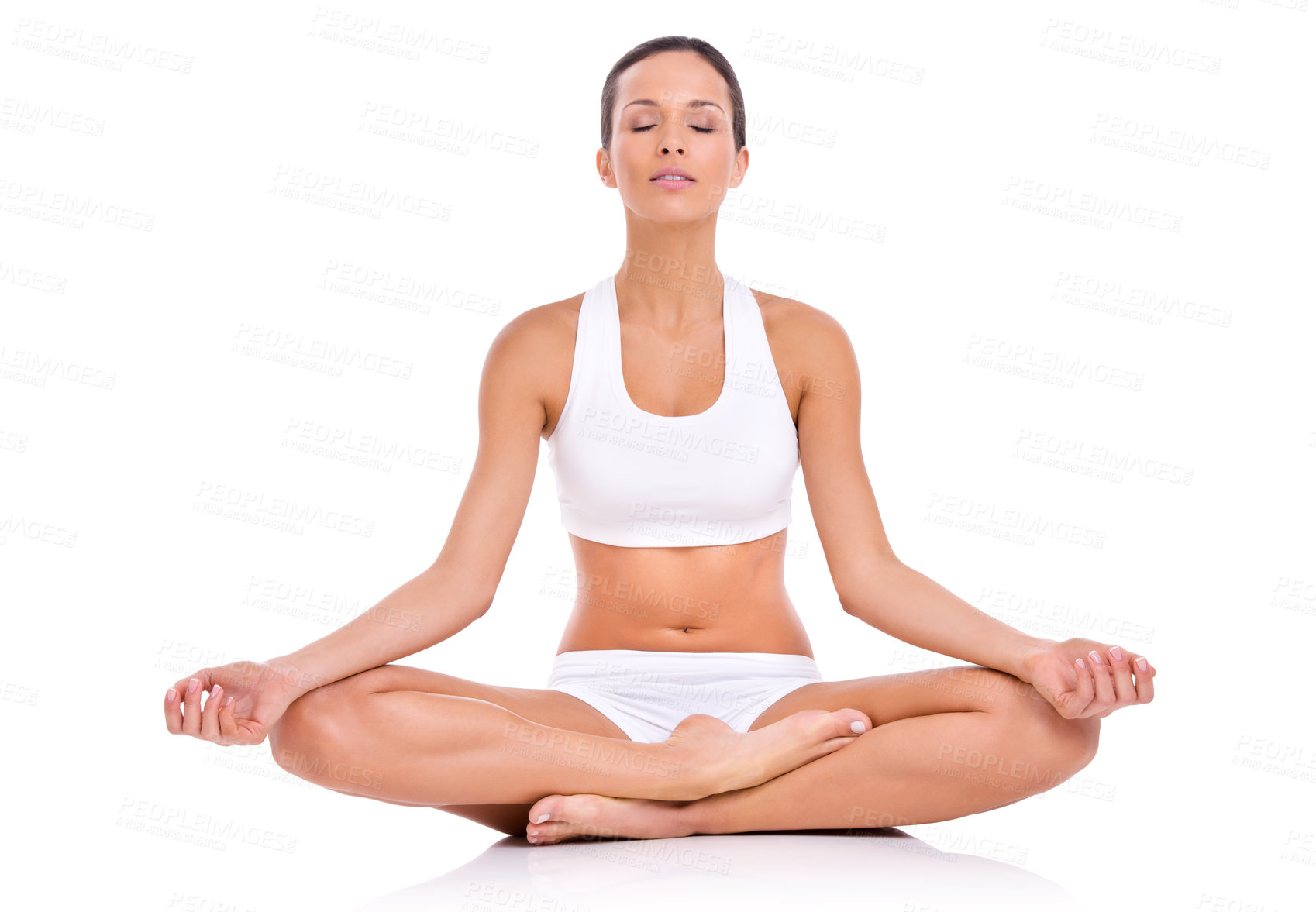 Buy stock photo Body, meditation and woman in underwear for fitness, spiritual health and wellness with zen in studio. Lotus, pose and girl in sportswear for self care, relax and mindfulness on white background.