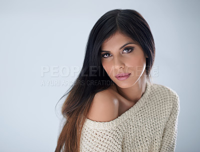 Buy stock photo Happy woman, portrait and hair with beauty for salon, spa or cosmetic treatment on a studio background. Face of female person, brunette or young model in haircare, makeup or dye on mockup space