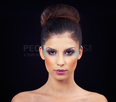 Buy stock photo Colorful, makeup and creative portrait with woman in studio and black background with beauty. Cosmetics, creativity and model with unique identity or rainbow aesthetic with confidence in skincare