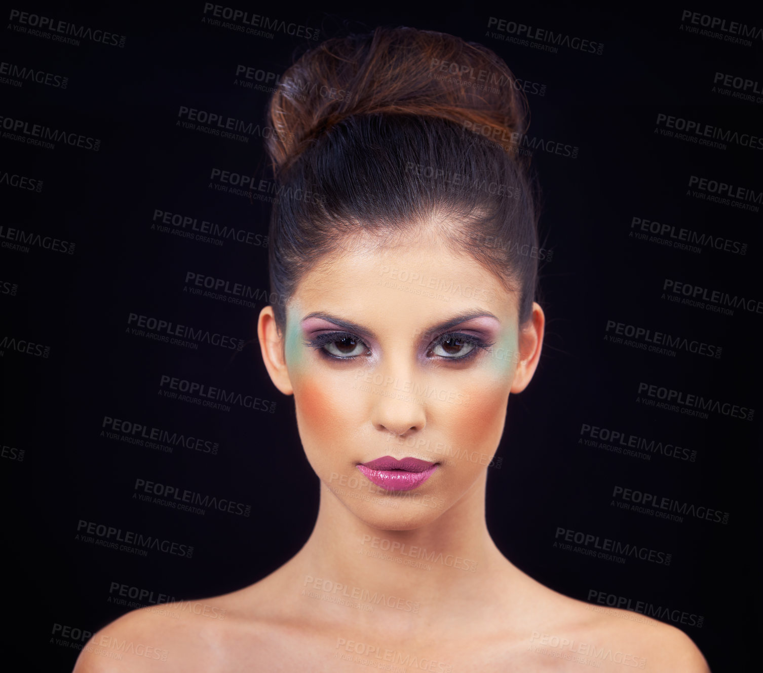 Buy stock photo Colorful, makeup and creative portrait with woman in studio and black background with beauty. Cosmetics, creativity and model with unique identity or rainbow aesthetic with confidence in skincare