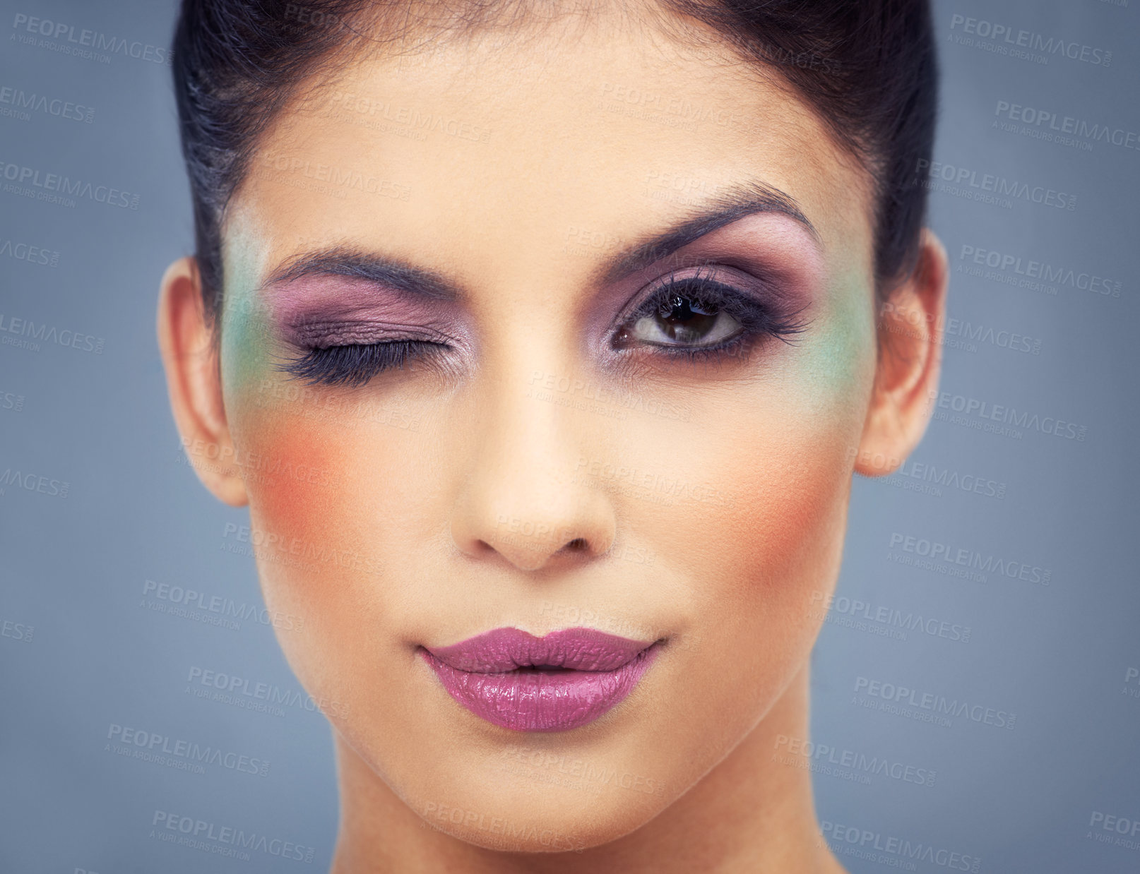 Buy stock photo Headshot of a beautiful young woman wearing colorful makeup