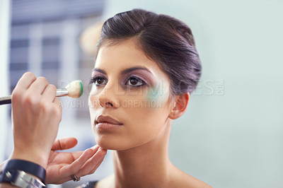 Buy stock photo Face, hands and woman, makeup artist for beauty with brush for color powder and glamour with beautician. Eyeshadow, cosmetology and cosmetic care with people backstage for styling and makeover