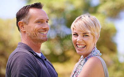 Buy stock photo Portrait, couple and love with smile in outdoor in happiness,  affection and romance for date. Park, relationship and together with bonding for care, satisfied and trust with commitment and support
