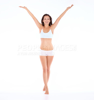 Buy stock photo Portrait, smile and woman in underwear in studio for body care, self love and positivity against a white background. Happy, free and female model excited for beauty results, weight loss and diet 