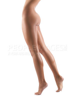 Buy stock photo Nude body, studio and model for hair removal, skincare and self care with shaving and dermatology in mockup. Woman, naked and smooth skin with laser and depilation for long legs by white background