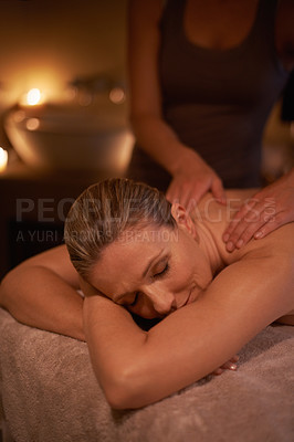 Buy stock photo Woman, masseuse and spa day for wellness, relax and self care and back massage on table being happy. Female person, holistic health and pampering to destress, peace and detox for luxury treatment