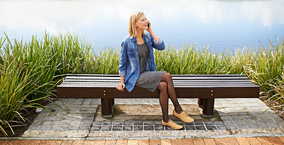 Buy stock photo Phone call, park and happy woman on bench in nature for communication, social networking and chat. Relax, lake and person with smartphone for talking, speaking and in conversation outdoors on weekend