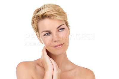 Buy stock photo Thinking, skincare and woman with beauty in studio, white background and dermatology mock up. Confident, model and girl with pride from healthy glow on skin from cosmetics, facial or self care