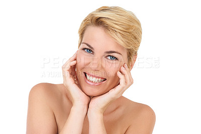Buy stock photo Skincare, smile and woman with hands on face in studio for soft, beauty or clean aesthetic on white background. Dermatology, shine and portrait of female model with anti aging cosmetic satisfaction