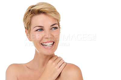 Buy stock photo Thinking, skincare and happy woman with beauty in studio, white background and dermatology mock up. Confident, model and girl with pride from healthy glow on skin from cosmetics, facial or self care