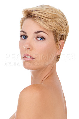 Buy stock photo Skincare, portrait and woman with beauty in studio, white background and dermatology mock up. Confident, model and girl with pride from healthy glow on skin from cosmetics, makeup or hairstyle