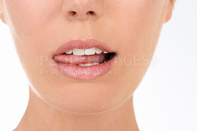 Buy stock photo Closeup, mouth and woman with skincare, wellness and person isolated on a white studio background. Lips, gloss and model with dental and makeup with shine and glowing with smooth, clear and soft skin