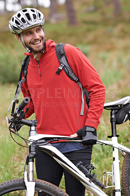 Buy stock photo Smile, bike and man cycling in countryside for adventure, discovery or off road sports hobby. Fitness, health and wellness with happy young cyclist on bicycle in nature for cardio training or workout