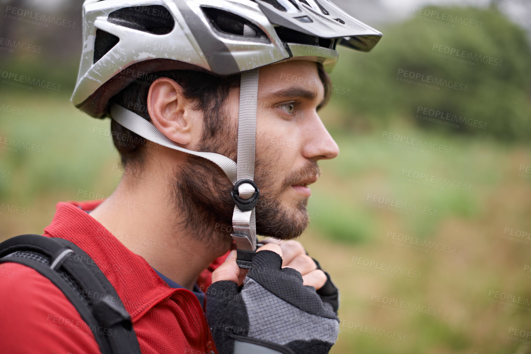 Buy stock photo Cycling, man and health with helmet for safety, protection and exercise gear to travel outdoor. Bicyclist, person and workout in preparation for training, sports or closeup for fitness in profile