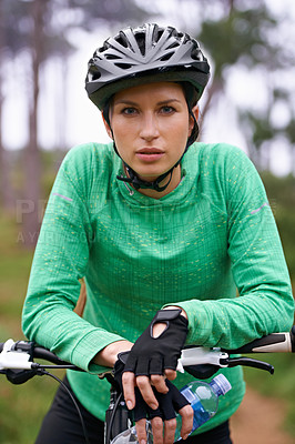 Buy stock photo Nature, cardio and portrait of woman with bicycle for fitness in an outdoor park training for race or marathon. Sport, exercise and female athlete cyclist riding bike for workout in field or forest.