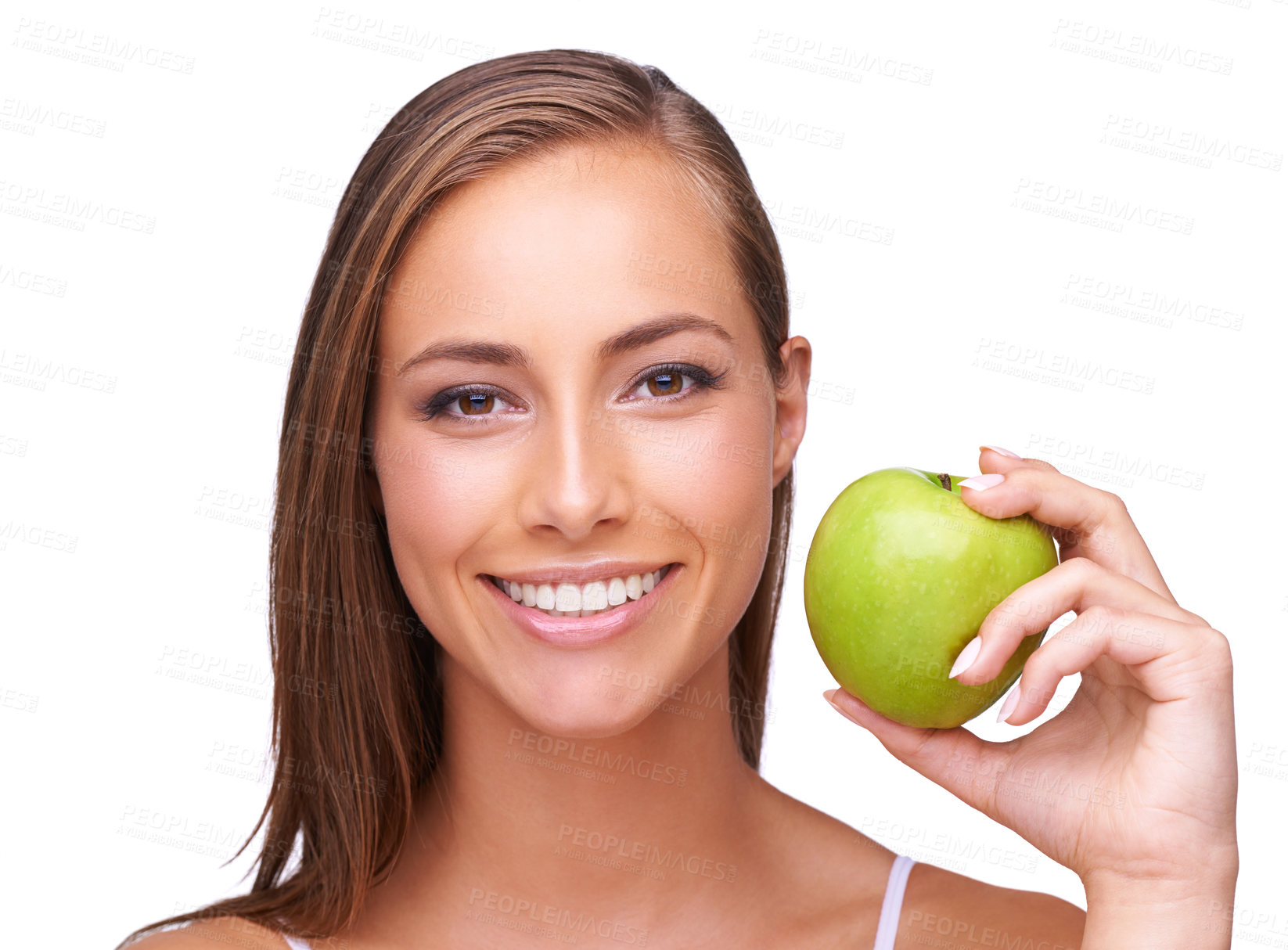 Buy stock photo Apple, wellness and portrait of woman on a white background for healthy lifestyle, cosmetics and wellbeing. Diet, digestion and face of girl with fruit for organic products, vitamins and nutrition