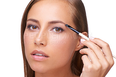 Buy stock photo Woman, face and makeup with eyebrow and brush for beauty, microblading and mascara on white background. Portrait, lashes and eyes with cosmetic care and cosmetics tools with skincare in studio