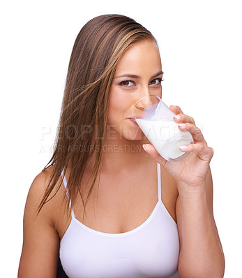 Buy stock photo Milk, glass and portrait of woman with white background, isolated studio and healthy diet. Face of female model, dairy product and organic breakfast with protein, calcium and vitamins for wellness
