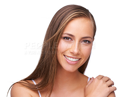 Buy stock photo Cosmetic, happy and portrait of a woman in a studio with a makeup, face or natural routine. Beauty, cosmetics and young female model from Brazil with a skin treatment isolated by white background.