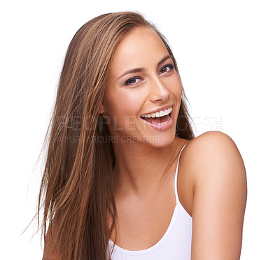 Buy stock photo Portrait, skincare and dental with a model woman in studio isolated on a white background for beauty or oral hygiene. Face, teeth and wellness with a beautiful young female posing to promote health