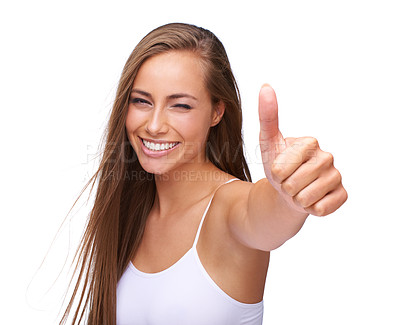 Buy stock photo Thumbs up, excited and portrait of a woman with achievement isolated on a studio background. Success, smile and model with a hand emoji sign for agreement, win and goal on a white background
