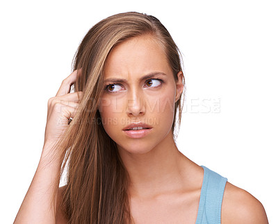 Buy stock photo Thinking, stress and confused girl with question scratching head unhappy with problem, decision or fail. Anxiety, doubt and puzzled model with confusion on face at isolated white background.