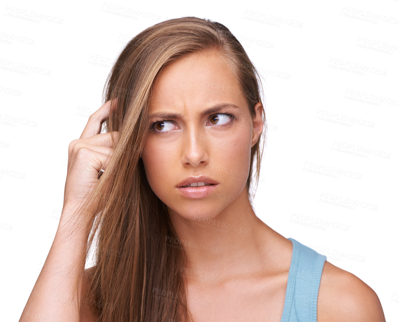 Buy stock photo Thinking, stress and confused girl with question scratching head unhappy with problem, decision or fail. Anxiety, doubt and puzzled model with confusion on face at isolated white background.