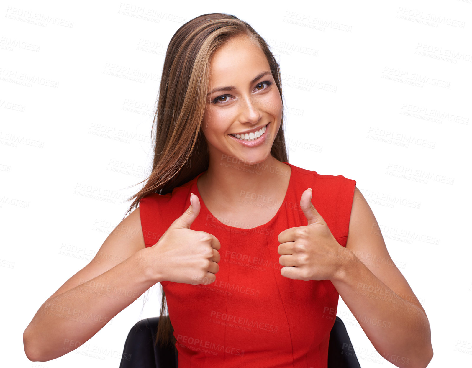 Buy stock photo Thumbs up, agreement and portrait of a happy woman excited and isolated on white background. Thank you, motivation and model with an emoji hand for winning, achievement and yes on a studio background