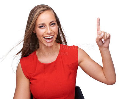 Buy stock photo Beautiful, young and happy woman pointing up with finger for idea, solution or plan against a white background. Portrait of isolated attractive female model with smile posing with recommendation