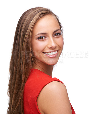 Buy stock photo Portrait, beauty and mockup with a woman in studio isolated on a white background to promote a product for skincare product. Face, dental and an attractive young female posing for oral hygiene