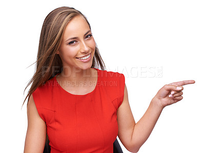 Buy stock photo White background, pointing finger and portrait of woman for fashion, marketing and advertising. Beauty, retail and girl model with copy space for deal, sale and product placement isolated in studio