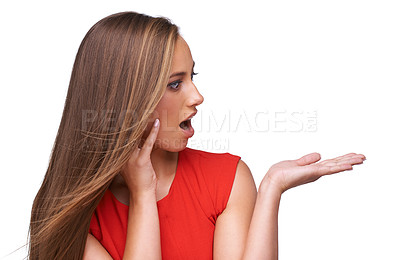 Buy stock photo Wow, advertising and profile of woman on a white background for mockup, marketing and branding. Product placement, fashion and isolated girl for surprise, omg and shock for sale, discount and deal