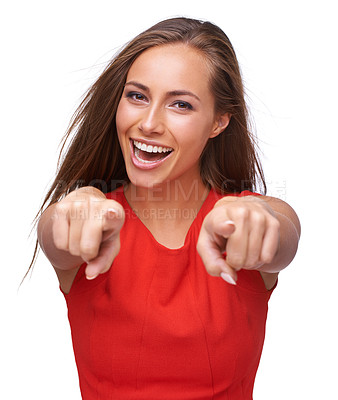 Buy stock photo Choice, motivation and portrait of a woman pointing on a white background isolated in a studio. Excited, happy and hand of a girl model with a finger gesture for a decision on a studio background