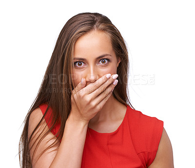 Buy stock photo Woman, portrait and face with surprise, shocked and wow emoji with hand covering mouth while speechless. Excited female model isolated on white background for fake news, secret and sale announcement