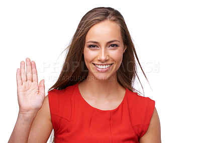 Buy stock photo Wave, welcome and portrait of a woman smile with happiness and isolated white background. Happy, beauty and hello hand sign of a model alone with beautiful long hair and mockup alone waving goodbye 
